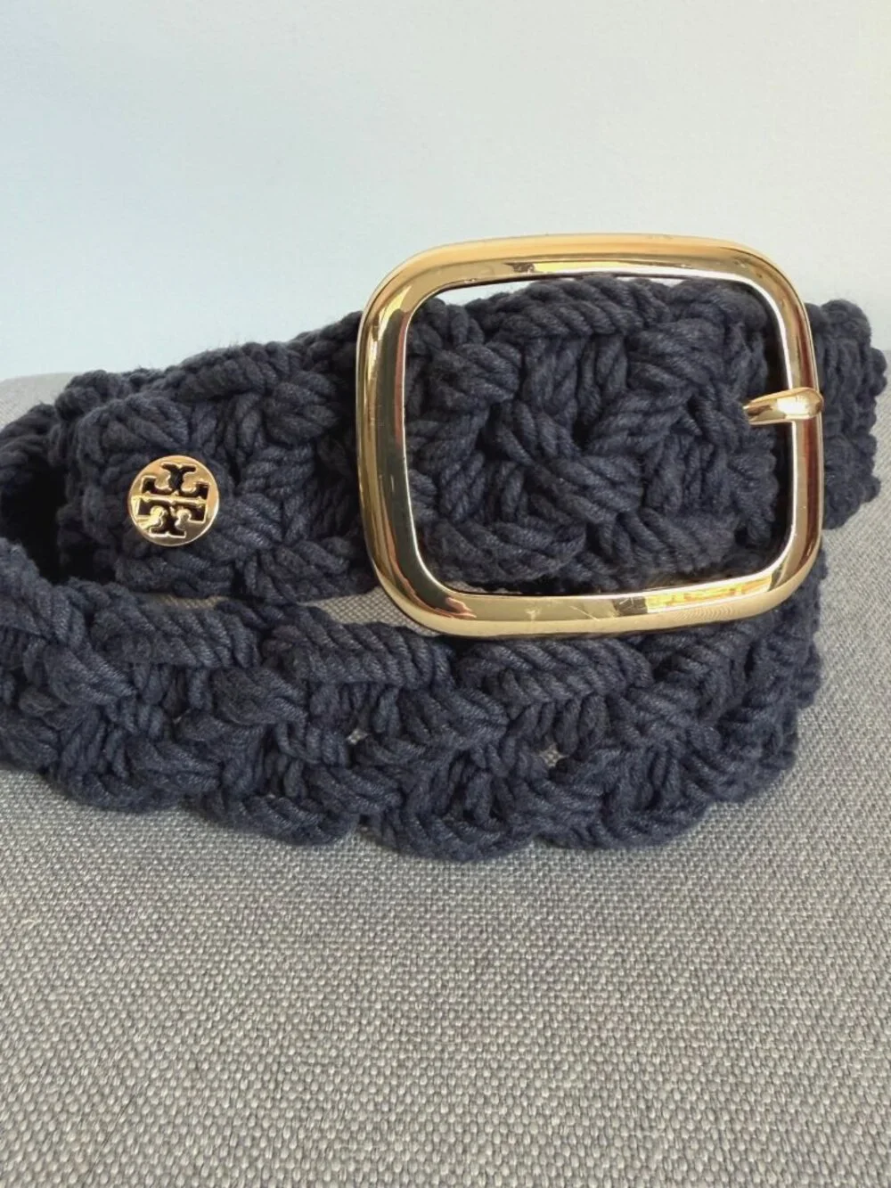 TORY BURCH Navy Blue Braided Rope Belt M/L Gold Buckle *Missing Label*